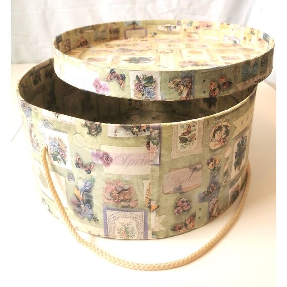 Maxi Size! Vtg Shabby Chic Hat Box Cardboard w/ Rope Handle, 15.25" Floral - Picture 5 of 8